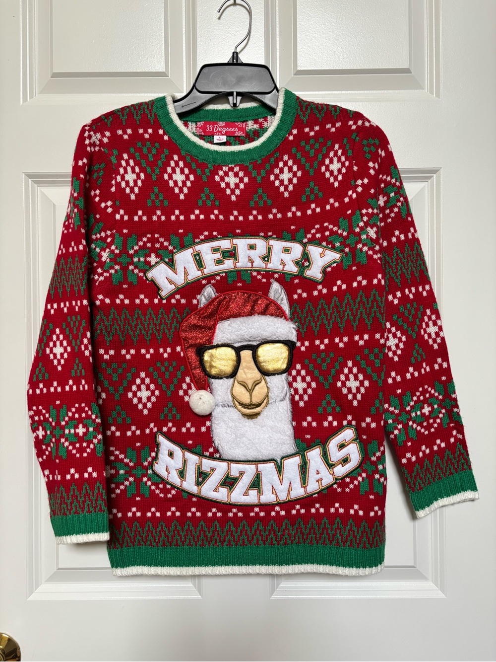 32 Degrees Red Llama 'Merry Rizzmas' Crewneck Sweater with Green Accents